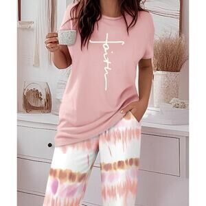 Faith Tie Dye Lounge Set Pink White Pajama Set CHICME XL Cozy Casual 2PC